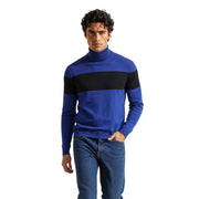 Armani Exchange Pull en viscose pour homme à rayures bleues et noires avec une large bande horizontale sur la poitrine, vue de face