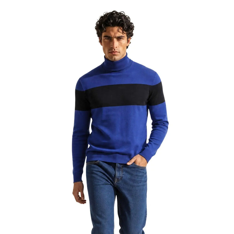 Armani Exchange Pull en viscose pour homme à rayures bleues et noires avec une large bande horizontale sur la poitrine, vue de face