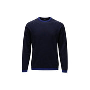 Armani Exchange Pull en viscose bleu marine pour homme, avec finitions côtelées bleu roi au col, aux poignets et à l'ourlet (vue de face).