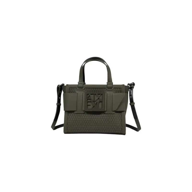 Armani Exchange Sac à main en cuir perforé vert olive avec doublure noire top poignées