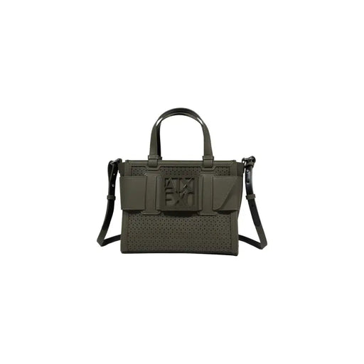 Armani Exchange Sac à main en cuir perforé vert olive avec doublure noire top poignées