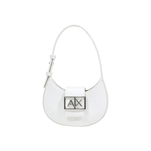 Armani Exchange white leather hobo bag with silver-tone ax logo clasp and zip closure for everyday use