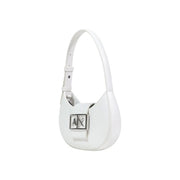 Armani Exchange white leather hobo bag with a zip closure and silver-tone ax logo clasp