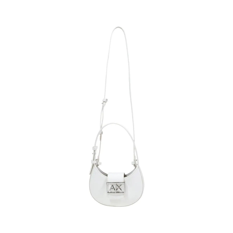 Armani Exchange white leather mini crossbody bag with silver ax logo plaque and adjustable strap with zip closure