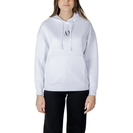 Armani Exchange white hooded sweatshirt for women featuring a black logo on the chest and matching drawstrings