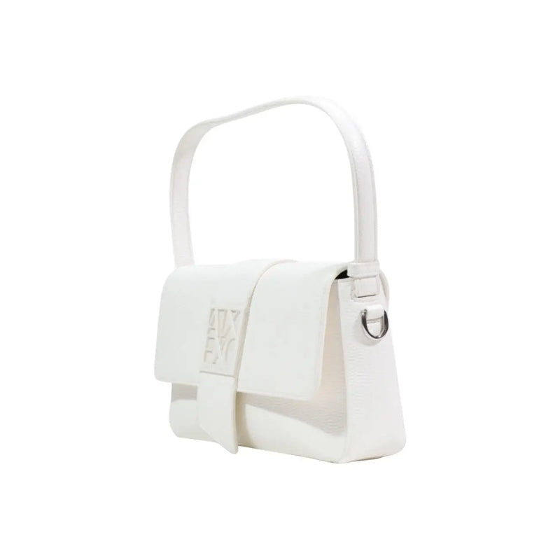 Armani Exchange white leather handbag with shoulder strap featuring a sleek rectangular shape and soft texture