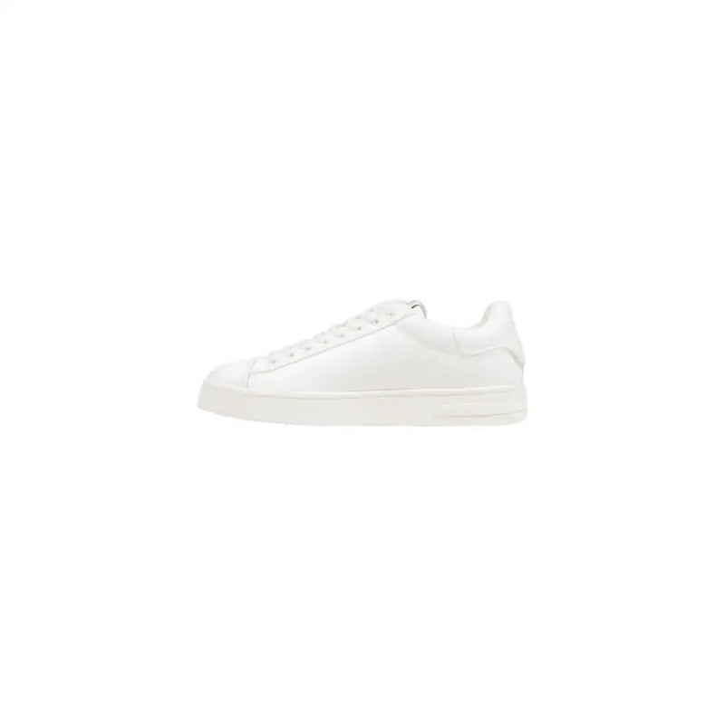 Armani Exchange white polyester low-top sneaker featuring white leather and a clean minimalist design with rubber sole