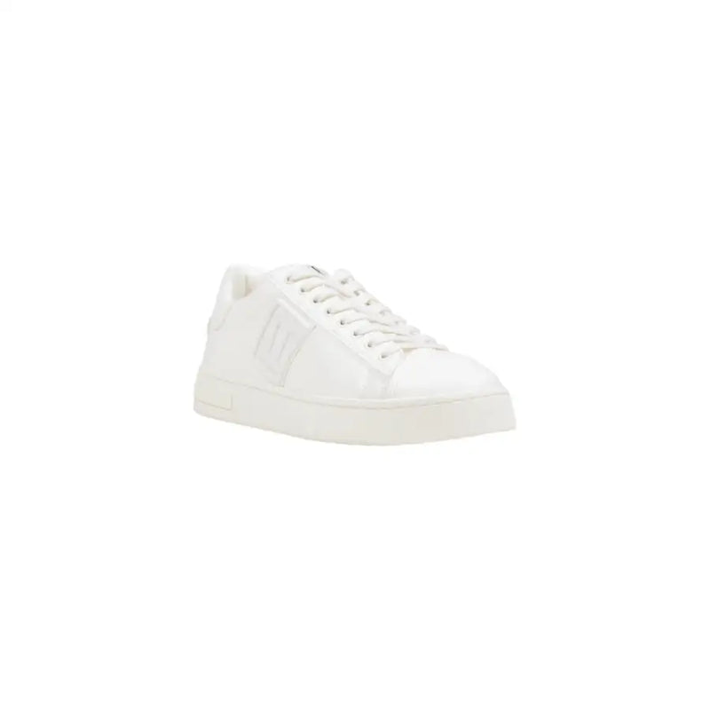 White leather low-top sneaker with lace-up design and rubber sole.