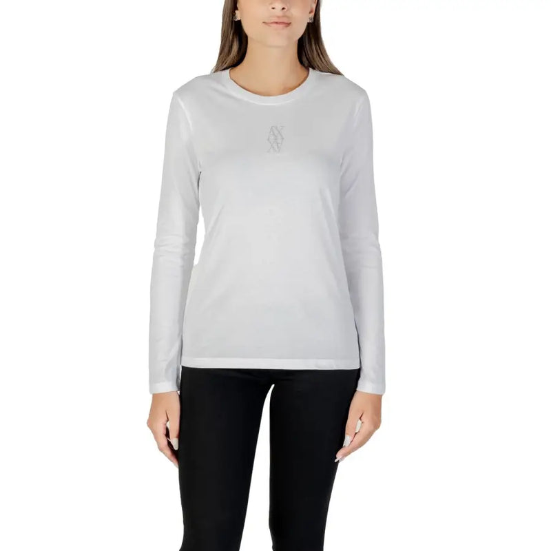 Armani Exchange white women long sleeve t shirt with subtle embroidered logo on chest and rhinestone print detail