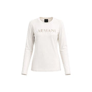 Cream-colored long-sleeved Armani Exchange women t shirt made of cotton with a subtle silver rhinestone logo across the chest