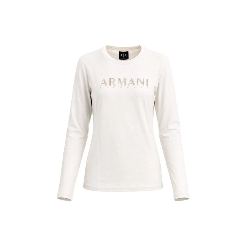 Cream-colored long-sleeved Armani Exchange women t shirt made of cotton with a subtle silver rhinestone logo across the chest