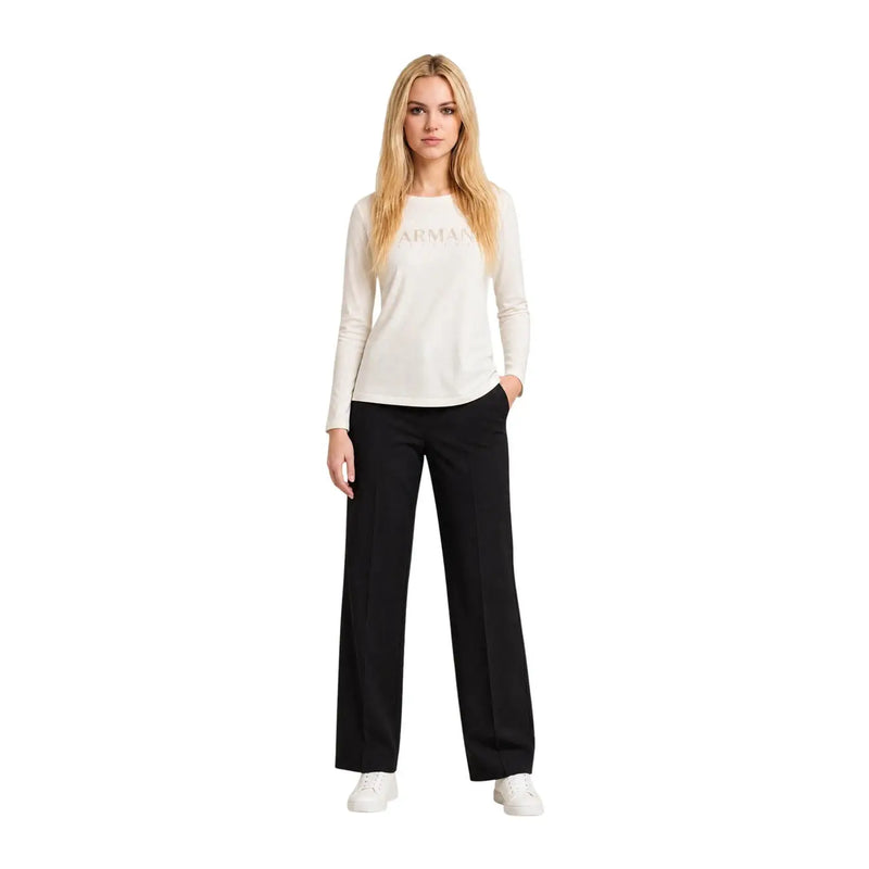 Armani Exchange women beige cotton long-sleeved t shirt with a white top and subtle gold logo across the chest