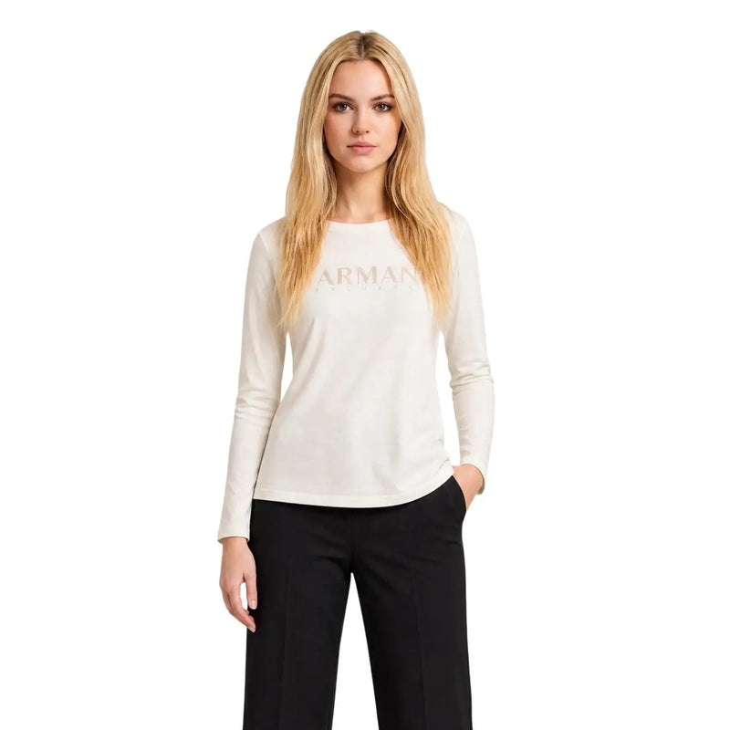 Armani Exchange women beige cotton long-sleeved t shirt with a cream-colored metallic logo and rhinestone detailing