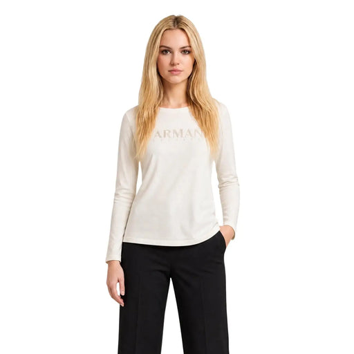 Armani Exchange T-shirt à manches longues en coton beige pour femme, orné d'un logo métallique couleur crème et de détails en strass.