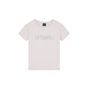 Armani Exchange women beige cotton round neck t shirt with cream color and subtle silver embellished logo on chest