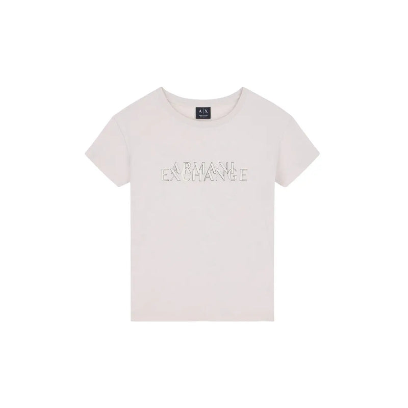 Armani Exchange women beige cotton round neck t shirt with cream color and subtle silver embellished logo on chest
