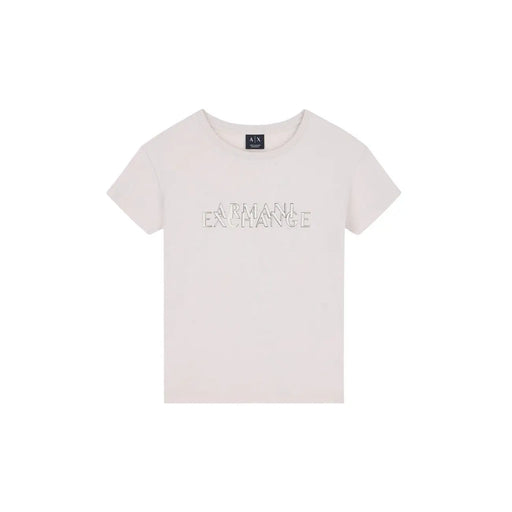 Armani Exchange T-shirt femme beige en coton à col rond, orné d'un logo discret argenté sur la poitrine, de couleur crème.