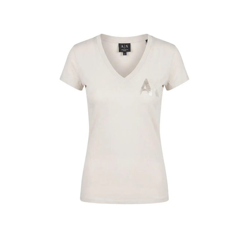 Armani Exchange women beige cotton short t shirt with a cream v neck and subtle metallic a logo on the left chest