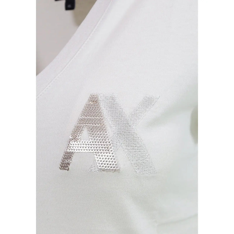 Armani Exchange women beige cotton short t shirt with a white top and silver sequined ax logo embroidered on the chest