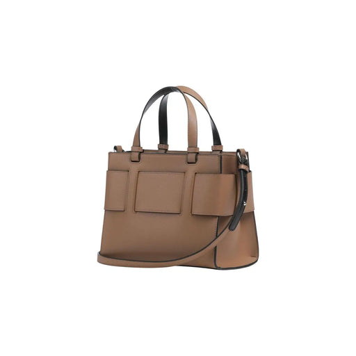 Armani Exchange Sac à main pour femme en polyuréthane beige avec finitions en cuir fauve et noir, doté de poches à rabat structurées sur le devant.