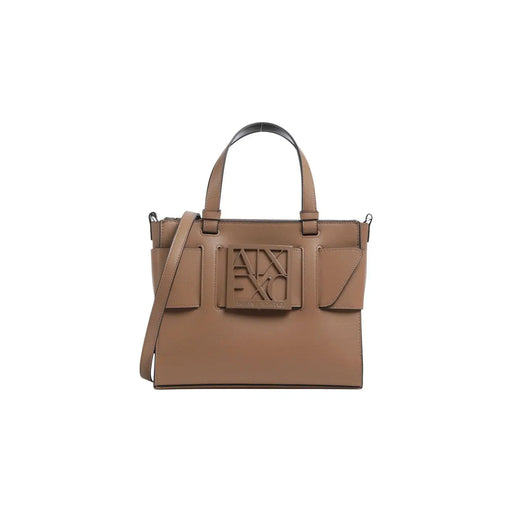 Armani Exchange Sac à main beige pour femme en polyuréthane beige clair, design structuré et plaque logo en relief, largeur 24 cm.