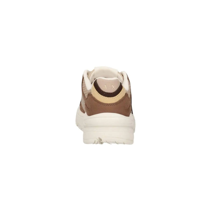Armani Exchange women beige leather sneakers featuring brown and cream chunky textured upper with white rubber sole