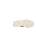 Back view of Armani Exchange women beige leather sneakers featuring a white rubber sole with textured tread and subtle branding