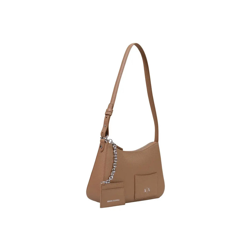 Beige armani exchange women shoulder bag in polyester with front pocket chain detail logo w30x h18cm