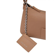 Tan leather card holder with silver chain and embossed armani jeans logo paired with armani exchange beige shoulder bag polyester W30xH18cm