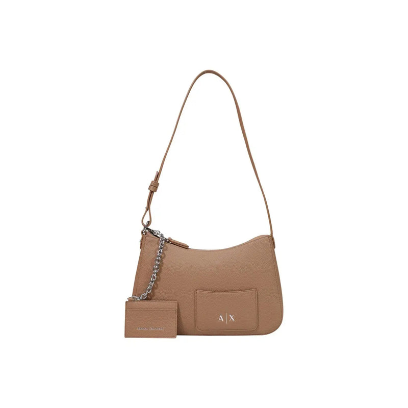 Armani Exchange women beige textured leather shoulder bag with silver chain strap and matching logo card holder W30xH18cm