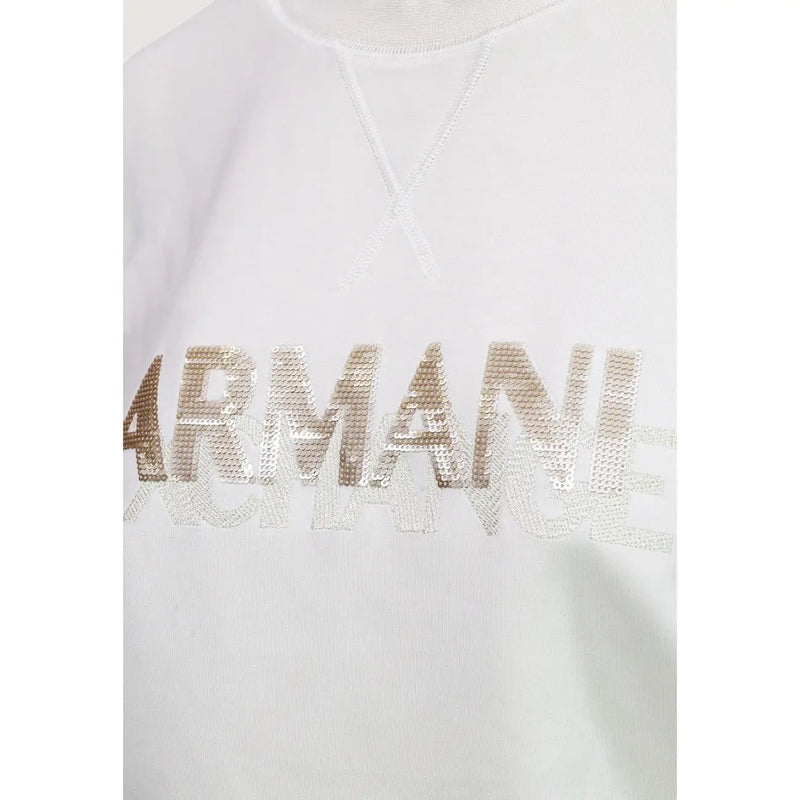White armani exchange sweatshirt with bold sequined metallic gold and silver logo in viscose blend fabric