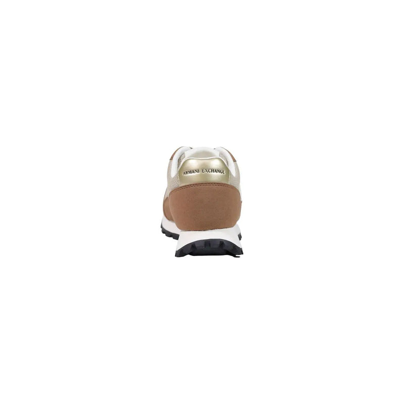 Armani Exchange women beige textile sneakers with white mesh upper tan leather panels and metallic gold heel tab