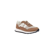 Armani Exchange women beige textile sneakers tan and beige mesh and leather low-top sneaker with white midsole and ax logo