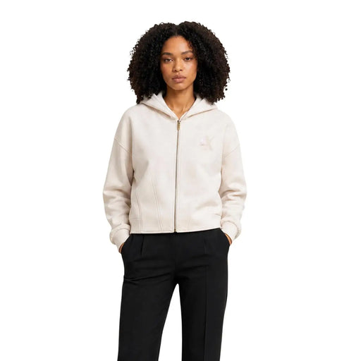 Armani Exchange Sweat à capuche zippé beige crème pour femme, avec logo discret sur la poitrine et fermeture éclair sur le devant.