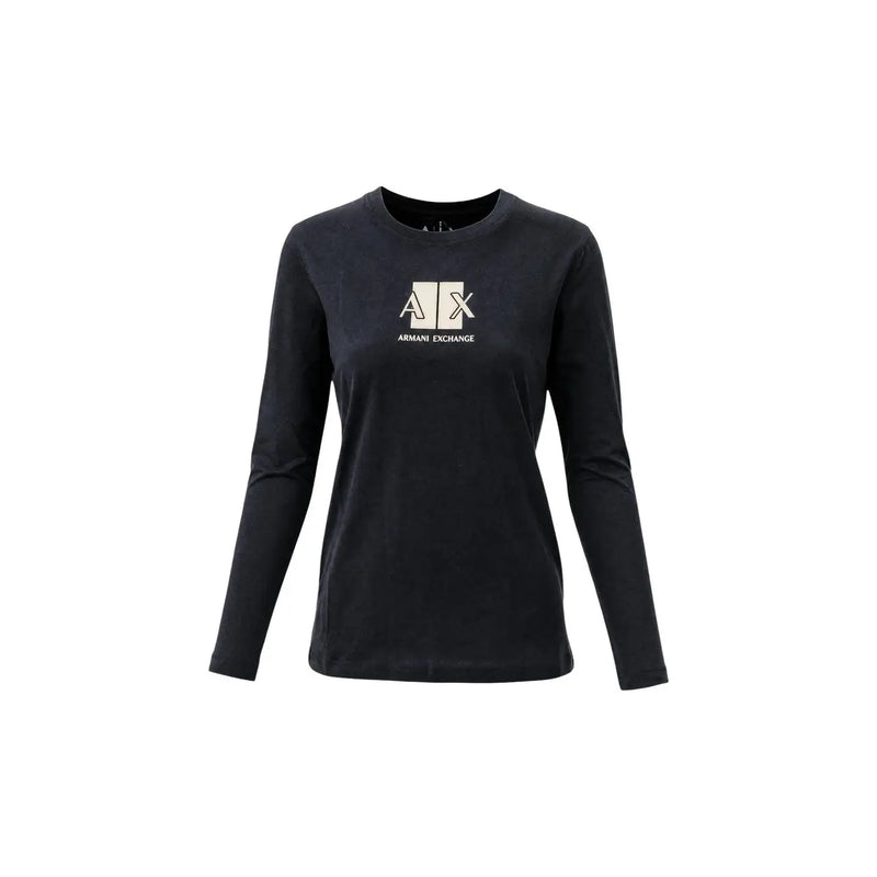 Armani Exchange T-shirt noir en coton pour femme, col rond, manches longues et logo blanc sur la poitrine