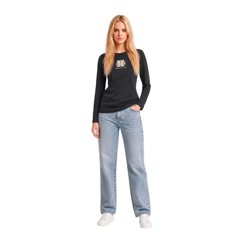 Armani Exchange T-shirt noir à manches longues et col rond en coton pour femme, avec logo blanc sur la poitrine