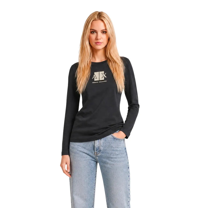 Armani Exchange T-shirt noir à manches longues en coton pour femme, avec logo et texte blancs sur la poitrine