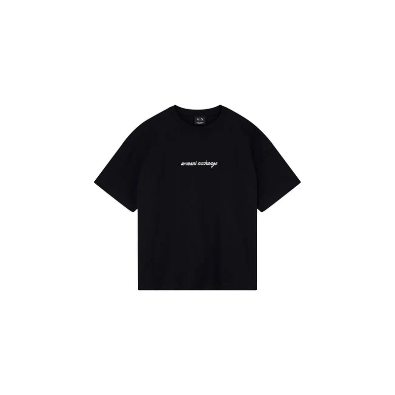 Black cotton armani exchange women round neck t shirt with white cursive armani exchange lettering on the chest