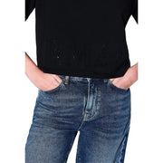 Armani Exchange women black cotton round neck t shirt with sparkling lettering across the front