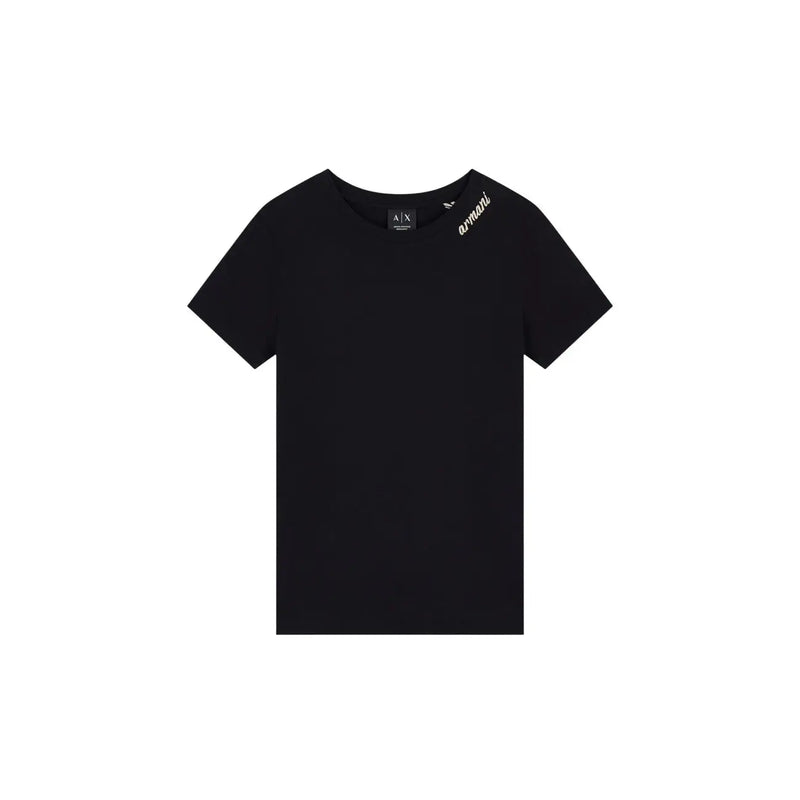 Armani Exchange women black cotton short-sleeved t shirt with white logo detailing on shoulder and neckline