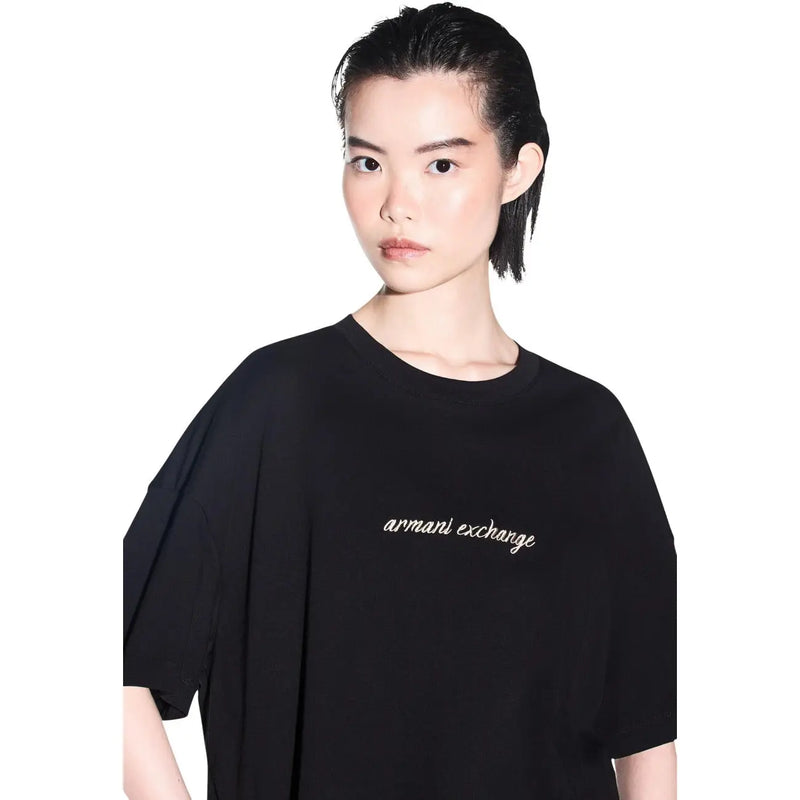 Armani Exchange women black cotton round neck t shirt with white cursive embroidery across the chest