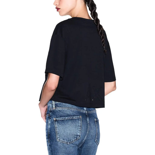 Armani Exchange T-shirt court à manches courtes en coton noir pour femme, avec un logo brodé discret au dos.