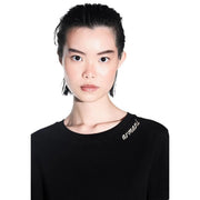Armani Exchange women black cotton round neck t shirt with silver embroidery on the shoulder