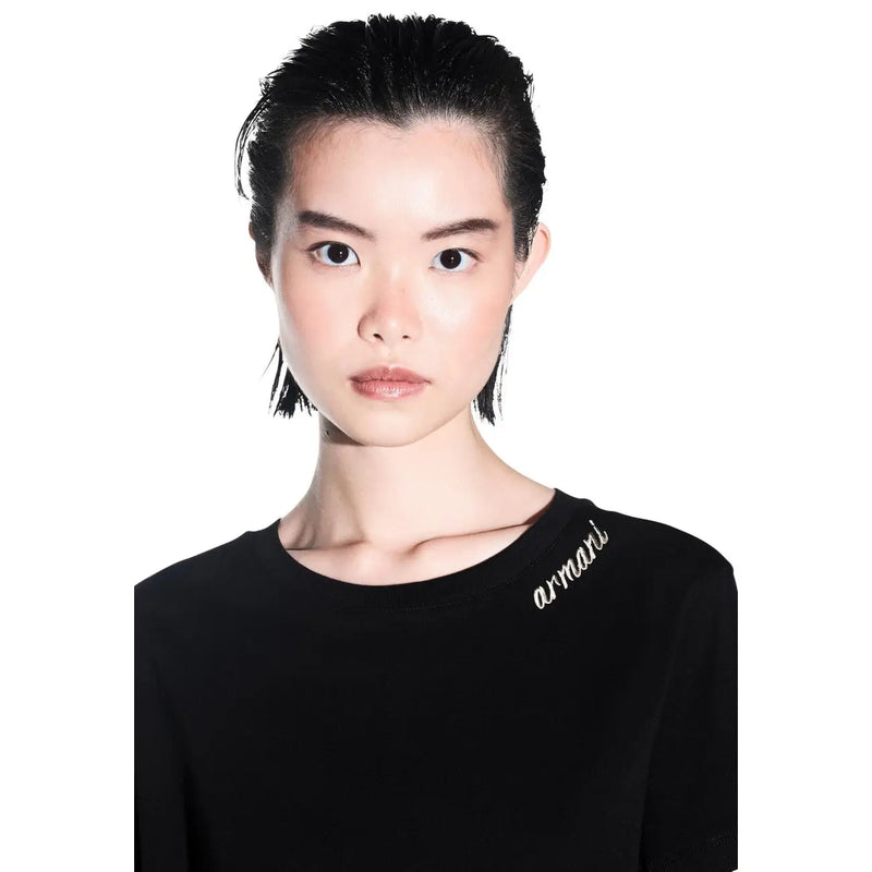 Armani Exchange women black cotton round neck t shirt with silver embroidery on the shoulder
