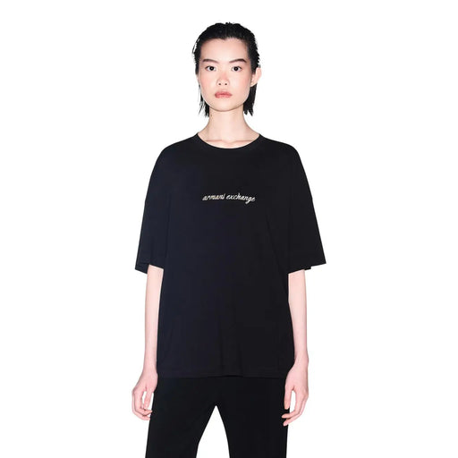 Noir armani exchange T-shirt oversize en coton avec logo brodé blanc et col rond pour femme