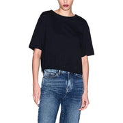 Armani Exchange women black cotton cropped t shirt with short sleeves and subtle embroidered logo on front
