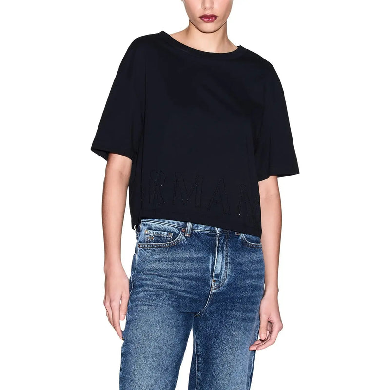 Armani Exchange women black cotton cropped t shirt with short sleeves and subtle embroidered logo on front