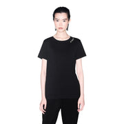 Armani Exchange women black cotton round neck t shirt with short sleeves and subtle embroidered logo on left shoulder