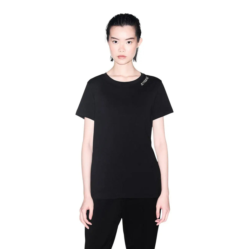 Armani Exchange women black cotton round neck t shirt with short sleeves and subtle embroidered logo on left shoulder