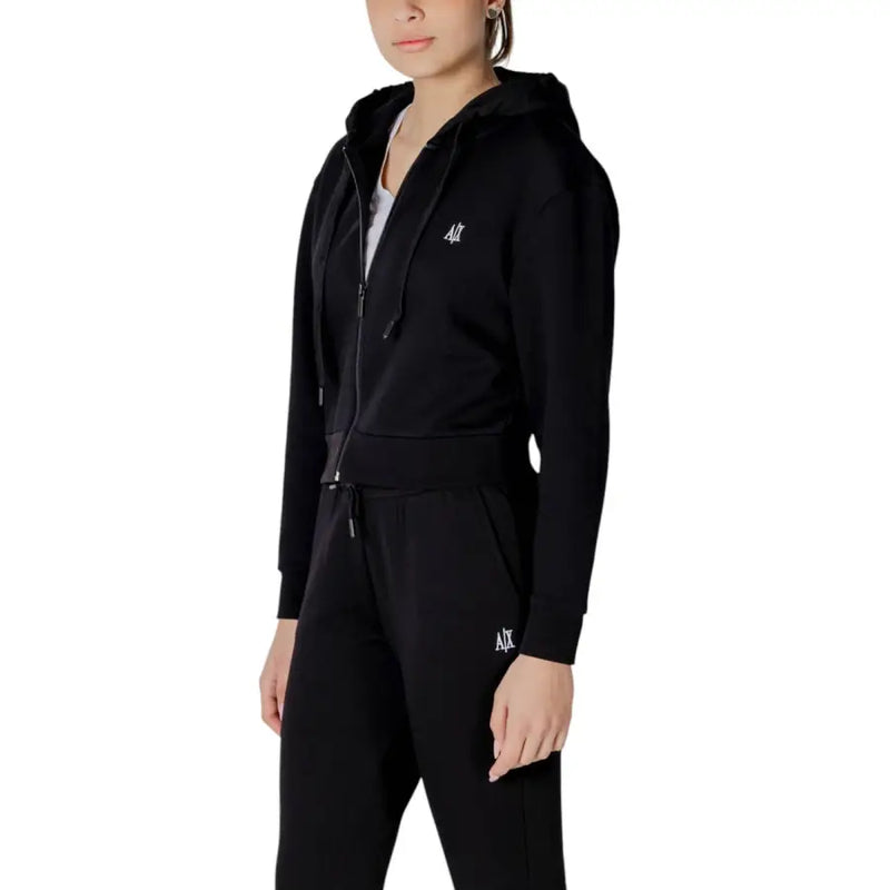 Armani Exchange women black zip-up hoodie with embroidered logo on chest and sleeve made of soft fleece material